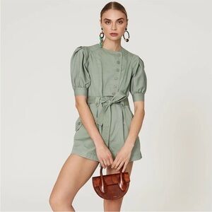 Ulla Johnson Sage Green Carmine Button-Up Romper with Belt